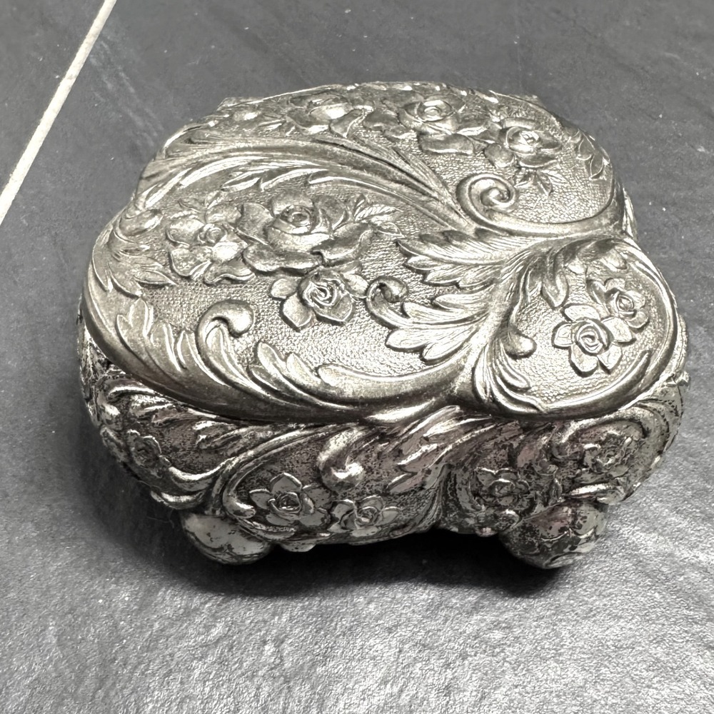 Vintage Silver Tone Footed Jewelry Box Embossed Floral Rose Red Lining Japan